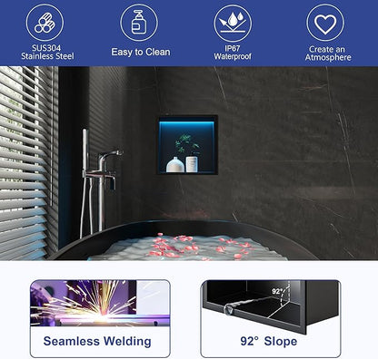 RGB LED Light Shower Niche, Matte Black 12X12 in Stainless Steel Recessed Storage with Remote Control, Waterproof No Tile Needed Wall Niche for Bathroom Storage Built-in Installation