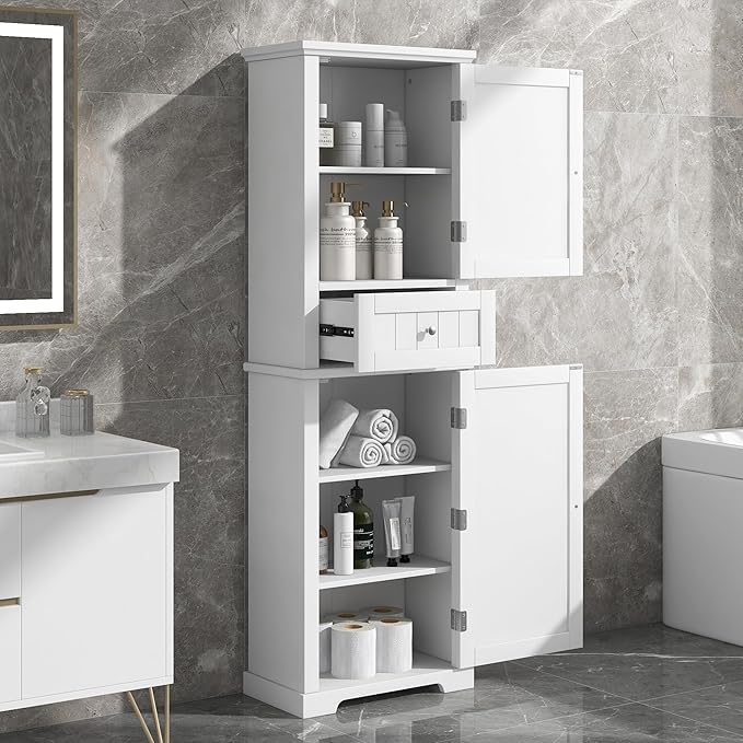 Favfurish Tall Bathroom Storage Cabinet with Doors and Drawer,Modern Linen Cabinets w/Adjustable Shelf & Anti-Toppling Device,Freestanding Narrow Cabinet for Bathrooms,Living Room, Entryway,White