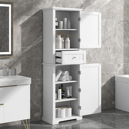 Favfurish Tall Bathroom Storage Cabinet with Doors and Drawer,Modern Linen Cabinets w/Adjustable Shelf & Anti-Toppling Device,Freestanding Narrow Cabinet for Bathrooms,Living Room, Entryway,White
