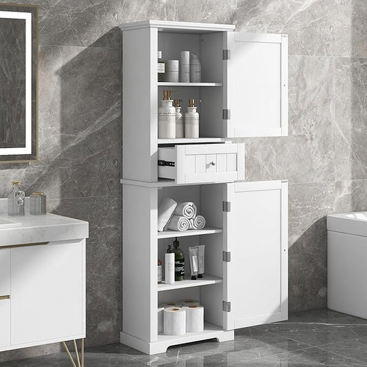 Favfurish Tall Bathroom Storage Cabinet with Doors and Drawer,Modern Linen Cabinets w/Adjustable Shelf & Anti-Toppling Device,Freestanding Narrow Cabinet for Bathrooms,Living Room, Entryway,White