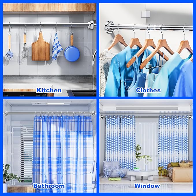 Ausemku Shower Curtain Rod - 32-92 Inch Rustproof Tension Rod, Non-Slip Spring Design, No Drilling Adjustable Curtain Rod for Bathroom, Kitchen, and Closet（Silver）
