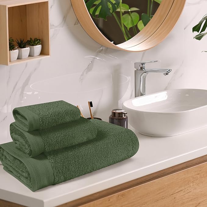 Ultra Soft 3 Pack Cotton Towel Set, Contains a Bath Towels 28x55 inch, a Hand Towels 16x24 inch & a Wash Coths 12x12 inch, Ideal Everyday use, Compact & Lightweight - Olive Green