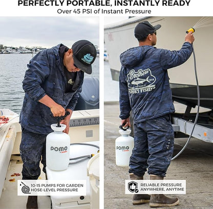 Pomo High Pressure 5L Portable Shower, Outdoor Shower, Camping Shower, Surf Rinse Kit, Beach Shower, Dog Wash, Boat Rinse, Car Shower, 1.5 Gallon Multi-use Sprayer, Hand Pump 45 PSI - No Power Needed!