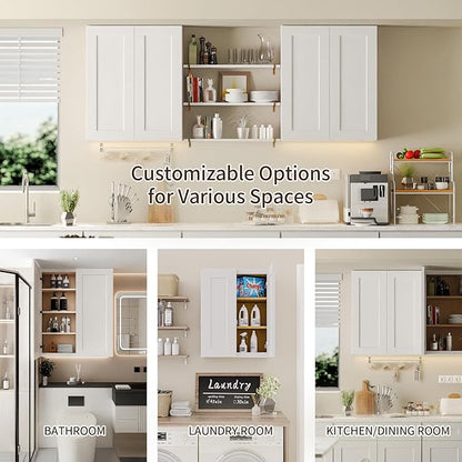 27 Inch Laundry Room Cabinets Wall Mounted, Solid Wood Over The Toilet Storage Cabinet, Bathroom Organizer Cabinets with 2 Shaker Door & 3 Shelves, Easy to Assemble for Kitchen, Garage - White