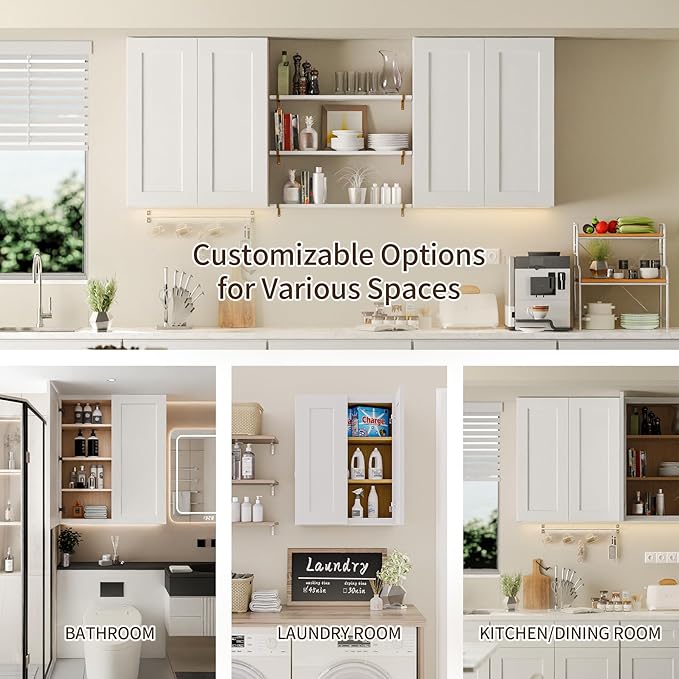 36 Inch Laundry Room Cabinets Wall Mounted, Solid Wood Over The Toilet Storage Cabinet, Bathroom Organizer Cabinets with 2 Shaker Door & 3 Shelves, Easy to Assemble for Kitchen, Garage - White