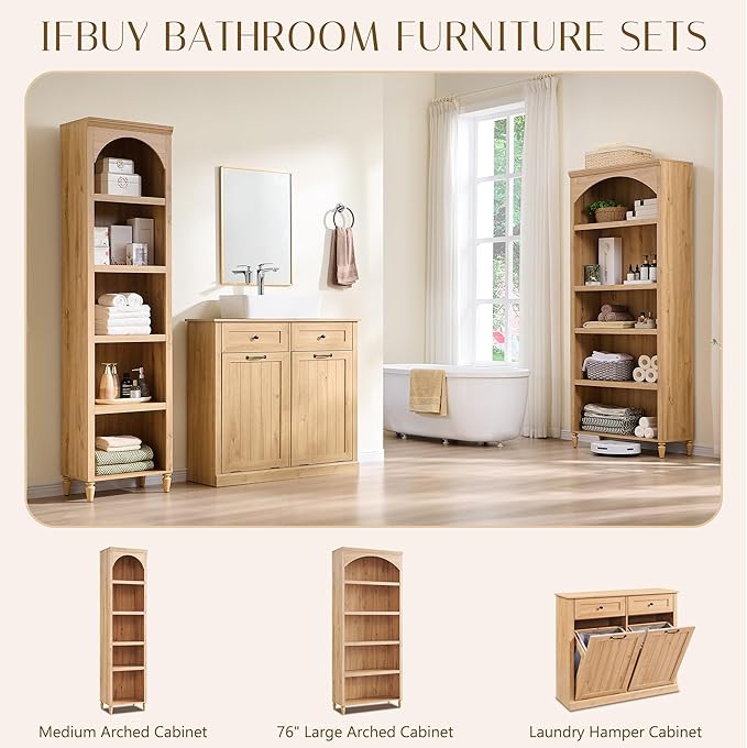 76" Tall Arched Bathroom Storage Cabinet, 5 Tiers Large Farmhouse Arched Cabinet w/Adjustable Shelves, Modern Wooden Storage Cabinet for Bathroom, Living Room, Entryway, Study Room (Natural)