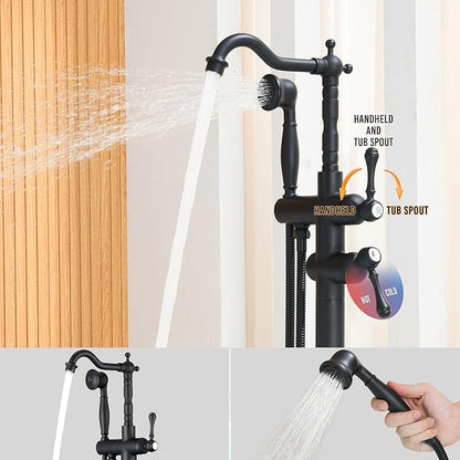 Freestanding Tub Faucet Sets, JetsBath Floor Mount BathTub Filler with 360° Swivel Spout & Handheld Sprayer, Matte Black Floor Mount Bathtub Faucet Single Handle with Supply Hose