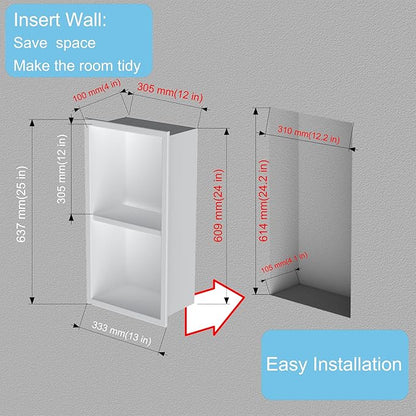 Recessed Wall Niche for Shower Room Storage,Double-Layer Shelves,Wall Insert Tile Ready,Stainless Steel(White, 24 * 12 in)