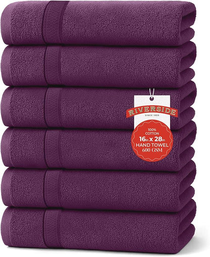 RIVERSIDE 6 Pack Premium Hand Towels Set, 16x28 inches, 100% Ring Spun Cotton, 600 GSM, Soft, Quick Dry and Highly Absorbent, Towels for Bathroom, Kitchen, Gym, Spa - Purple Passion