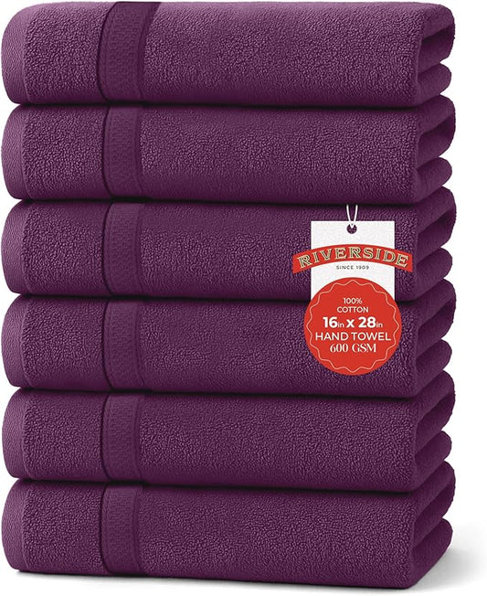 RIVERSIDE 6 Pack Premium Hand Towels Set, 16x28 inches, 100% Ring Spun Cotton, 600 GSM, Soft, Quick Dry and Highly Absorbent, Towels for Bathroom, Kitchen, Gym, Spa - Purple Passion