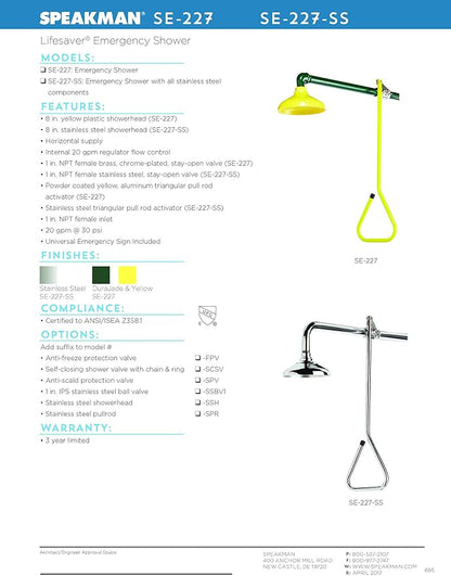 Speakman SE-227 Lifesaver Horizontal Supply Emergency Shower for Dangerous Worksites, Yellow/Green