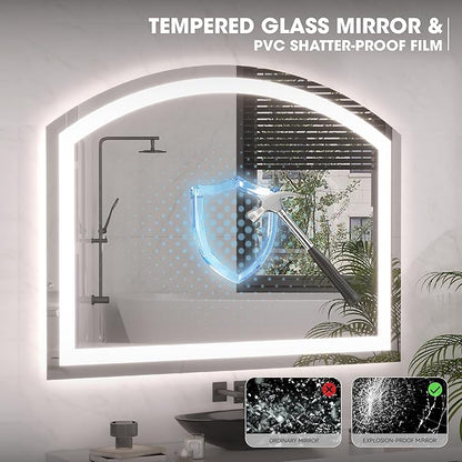 Hasipu 72" x 36" Arch LED Bathroom Mirror, Frontlit Wall-Mounted Vanity Mirror with Lights, Defogging, Smart Touch, Dimmable 3 Color Modes, Safety Shatterproof Glass Coating