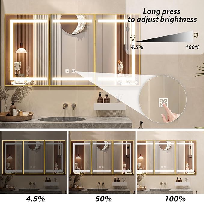 APRILSOUL 48X32 Inch Gold Bathroom Medicine Cabinet with Mirror, Recessed or Surface Lighted Medicine Cabinet with 3 Colors Temperature, Dimmable Light