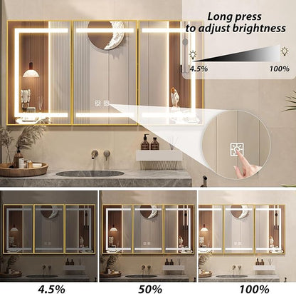 APRILSOUL 48X32 Inch Gold Bathroom Medicine Cabinet with Mirror, Recessed or Surface Lighted Medicine Cabinet with 3 Colors Temperature, Dimmable Light