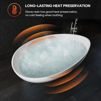 SJ STAR&JANE 63" x 38" Solid Surface Freestanding Bathtub, Oval Soaking Tub with Overflow and Pop-up Drain for Bathroom Matte Black