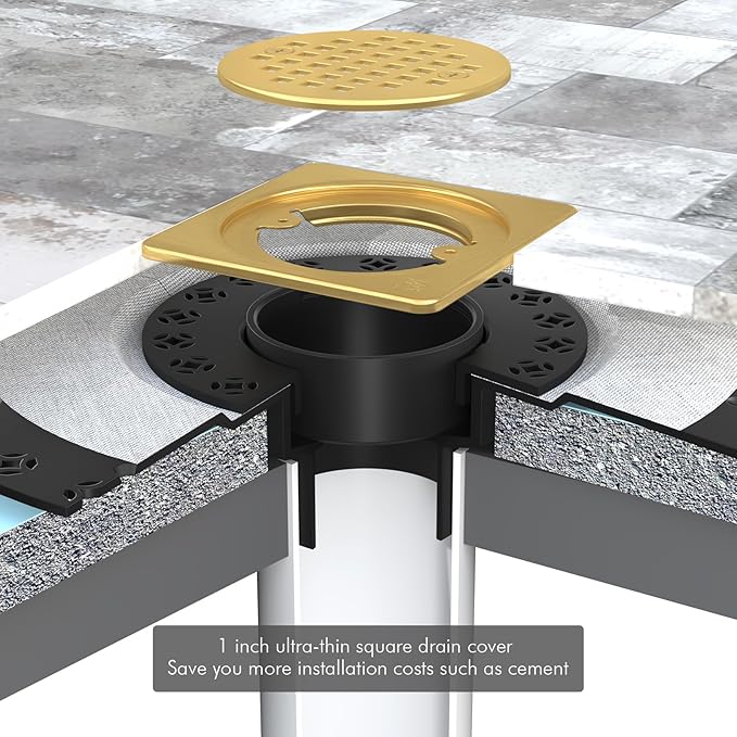 4” Drain Grate Kit - Compatible with Schluter Systems Kerdi Shower Drain - Shower Floor Drain Kit with Flange - SUS 304 Stainless Steel Grate & 2 Inch ABS Flange & CUPC Certification - Brushed Brass