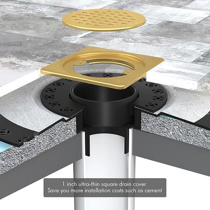 4” Drain Grate Kit - Compatible with Schluter Systems Kerdi Shower Drain - Shower Floor Drain Kit with Flange - SUS 304 Stainless Steel Grate & 2 Inch ABS Flange & CUPC Certification - Brushed Brass