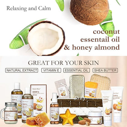 Spa Gift Basket Luxury Bath and Body Basket Set 17-Piece Coconut Honey Almond Christmas Gifts for Women Mom Her Large Luxury Home Spa Kit, Relaxing Self Care Pamper Gifts Birthday Bridal Shower Bath