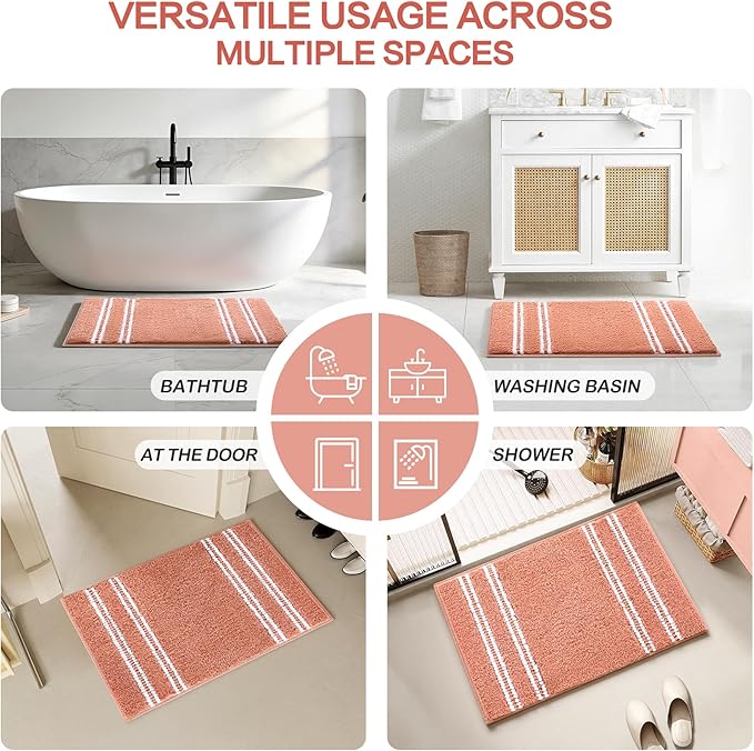 Kmson Bathroom Rugs Mat, 20"x32" Ultra Soft Washable Shaggy Chenille Bath Rugs, Non-Slip Fluffy Thick Water Absorbent Microfiber Mat for Bathtub, Sink and Shower, Pink