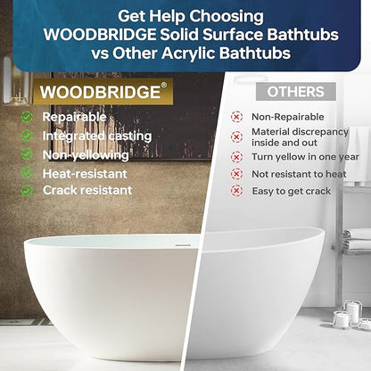 WOODBRIDGE 55 in. x 30.75 in. Stone Resin Luxury Contemporary Solid Surface Freestanding Bathtub in Matte White