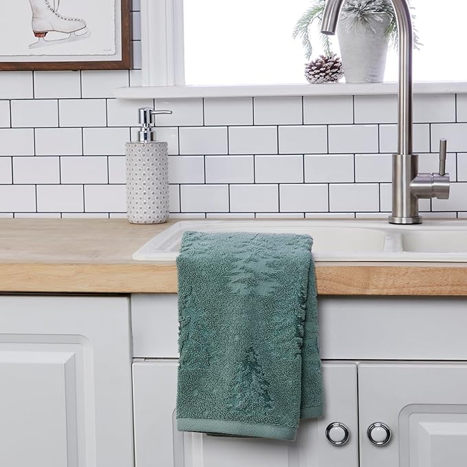 SKL Home Fall/Winter/Christmas Wispy Trees Premium Cotton Blend 2-Piece Hand Towel Set, 500 GSM, Soft & Absorbent Jacquard, Decorative for Bath/Kitchen/Bar & Gift, Sage