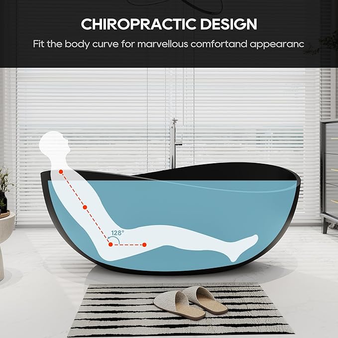 SJ STAR&JANE 63" x 38" Solid Surface Freestanding Bathtub, Oval Soaking Tub with Overflow and Pop-up Drain for Bathroom Matte Black