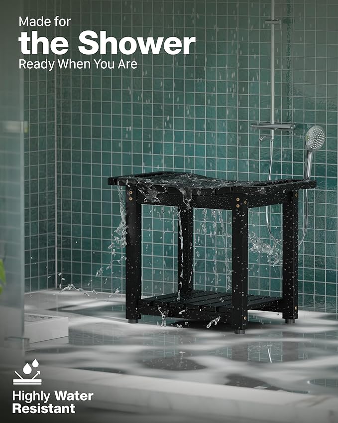 BLUEWEST Shower Bench Seat with Storage Shelf, Natural Wood Shower Benches for Inside Shower to Sit on, Waterproof Bathroom Spa Bench Stool for Legs Shaving with Built-in Handle & Shower Head Holder