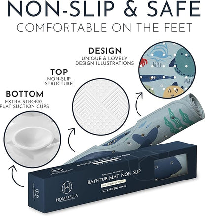 Bath Tub Mat Non Slip Anti Mold for Kids BPA Free INCL Hooks - homerella® Ocean Sea Animals 40x16, Baby Bath Mat Non Slip 200 Suction Cups, Non Toxic Machine Washable Toddler Bath Mat, EU Certified
