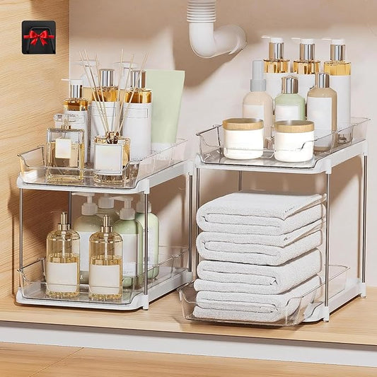 Bathroom Organizers And Storage – With Multipurpose Holder, 2 Sets of 2 Tiers Stackable Under Sink Bathroom Drawer Organizer Multi-Purpose Pantry Organizer And Kitchen Organization With Dividers