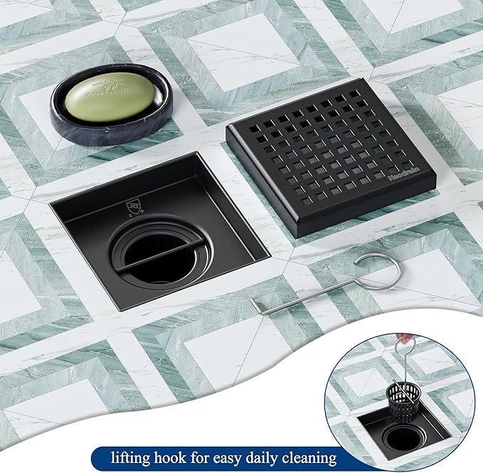 Neodrain 4 Inch Square Shower Drain with Removable Quadrato Pattern Grate, Matte Black 304 Stainless Steel Square Drain, with Watermark&CUPC Certified, Hair Strainer