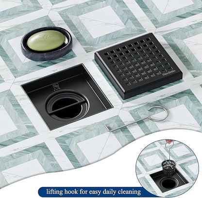 Neodrain 4 Inch Black Square Drain, 304 Stainless Steel Shower Drain Kits with PVC Base, Removable Cover Hair Catcher Strainer for Bathroom Floor Drain, Matte Black