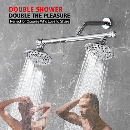 sumerain Luxurious 6" High Pressure Dual Shower Head Combo with 6 Settings and 20" Long Shower Arm for Couples, Chrome Finish