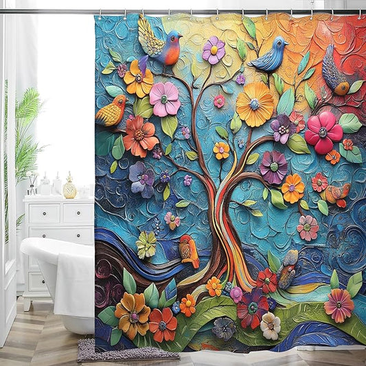 Bohemian Shower Curtain, Boho Floral Print Water Repellent Polyester Fabric for Bathroom Decor, 72×72 Inch Standard Size with 12 Hooks, Also as Room Divider