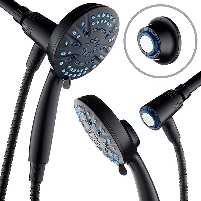 AquaCare Magneton High-Pressure 8-mode Handheld Shower Head with Magnetic Guidance Docking System - 2 Magnetic Brackets, 5 inch Face, Hygienic Jets, 6 ft. Stainless Steel Hose/Matte Black Finish