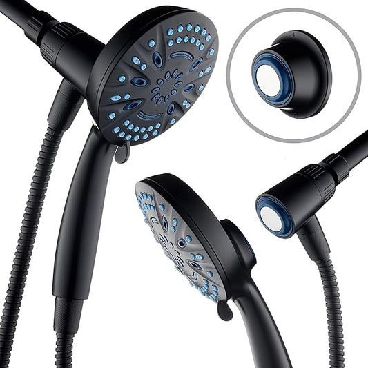 AquaCare Magneton High-Pressure 8-mode Handheld Shower Head with Magnetic Guidance Docking System - 2 Magnetic Brackets, 5 inch Face, Hygienic Jets, 6 ft. Stainless Steel Hose/Matte Black Finish