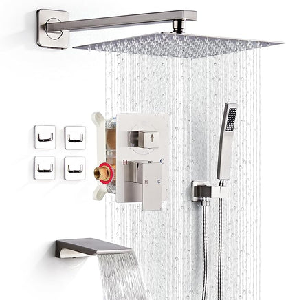Shower Faucet Set Complete with Tub Spout Shower System Wall Mounted with 12 inch Rainfall Shower Head and Handheld Shower Rain Shower Combo for Bathroom, Brushed Nickel