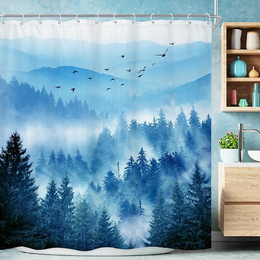 Riyidecor Navy Blue Shower Curtain，Mountain Nature Woodland Scenery，Park Scene View Natural Foggy Pine Tree Alpine Cool Designer Bathroom Decor Fabric Polyester Waterproof 12 Pack Hooks 72Wx72H Inch