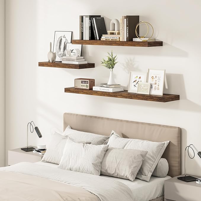 Vivelove 12" Deep Floating Shelves for Wall 36" Long, Wall Shelves for Bedroom Living Room Bathroom Kitchen Laundry Room, Farmhouse Rustic Shelves for Home Decor, 36" X 12" X 2" Set Of 2, Rustic Brown