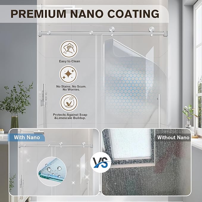 Frameless Glass Shower Door, 55-60" W x 76" H Sliding Frameless Shower Door, 1/4''(6mm) SGCC Tempered Glass, Explosion-Proof Film Nano Coating, Stainless Steel Hardware, Brushed Nickel