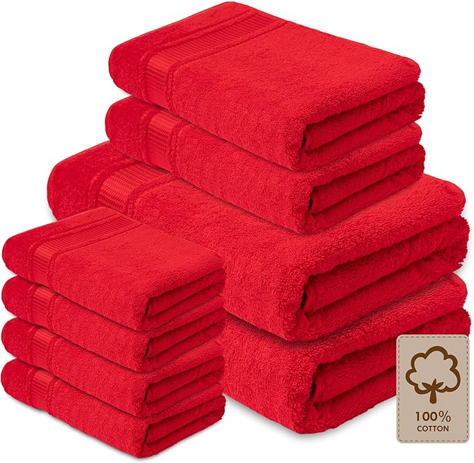Melissa Linen, 8 Piece Towel Set, 2 Bath Towel 2 Hand Towel 4 Fingertip Red Towels, 100% Turkish Cotton Towels for Bathroom and Kitchen, Absorbent, Quick Dry, Durable and Soft Shower Towel
