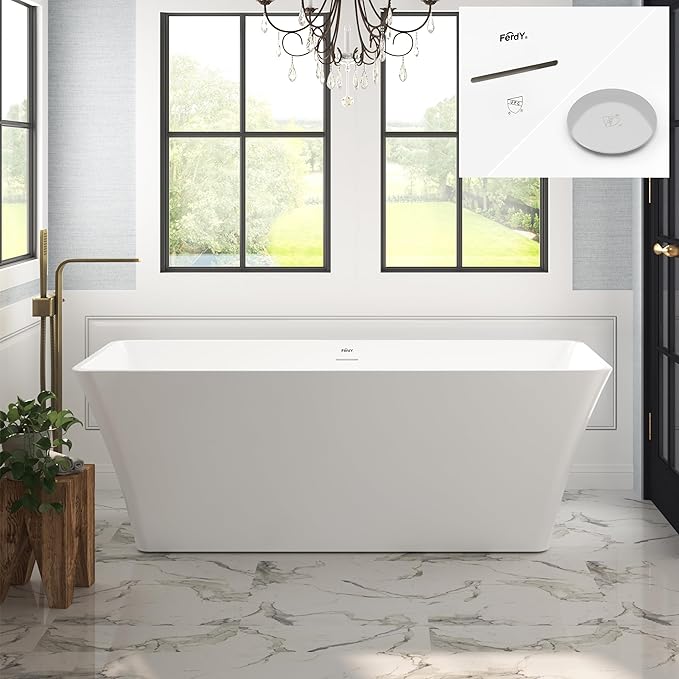 FerdY Sentosa 67" Acrylic Freestanding Bathtub, Contemporary Design Soaking Tub with Polished Chrome Drain and Minimalist Linear Design Overflow, Easy to Install, 02560