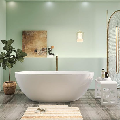 67" Premium Solid Surface Freestanding Bathtubs, Upgraded Matte White Modern Design Stand Alone Stone Resin Tub with Overflow and Pop-up Drain