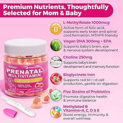 Prenatal Vitamins for Women Multivitamin Gummies w/ Methylfolate 1mg, Choline Omega-3(DHA+EPA) Iron, Postnatal Vitamins for Women Breastfeeding | Before,During & After Pregnancy,Sugar Free,Vegan,60Cts