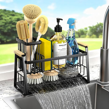 Housolution Sponge Holder for Kitchen Sink, 2-Tier Sink Caddy Organizer with Flexible High Brush Holder, Kitchen Countertop Storage Accessories, Soap Dispenser Organizer, Rustproof