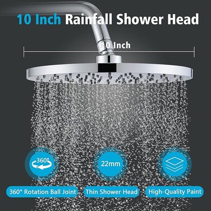 PROOX 3 Handle Tub Shower Faucet Set, 10" Rainfall Shower Head with Tub and Shower Trim Kit with Rough-in Valve, Polished Chrome Bathtub Shower Faucets, Wall Mounted Bathroom Rain Shower System