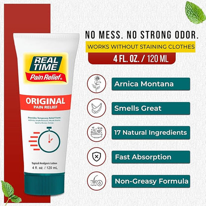 Real Time Pain Relief Cream 4oz Tube | 17 Natural Ingredients: 1.25% Menthol, Arnica & MSM | Muscle Strain & Joint Discomfort Relief for Arthritis, Cramps, Sprains, Bruises, Hands, Back & Knee Pain