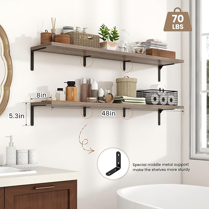 Fun Memories Deep Floating Shelves, 48W x 8D Floating Shelves Set of 2, Wall Mounted Shelf with Metal Brackets, Rustic Wood Wall Shelf for Bathroom, Kitchen and Living Room, Grey
