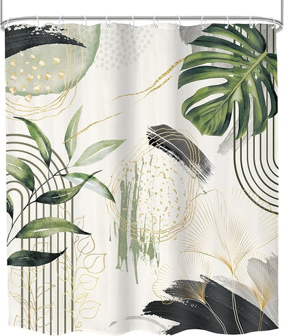 Grey Green Boho Shower Curtain 60Wx72H Tropical Palm Leaves Abstract Mid Century Modern Bohemian Minimalist Gold Leaf Plant Bathroom Decor Botanical Bath Curtain Fabric Polyester 12 Pack Hooks