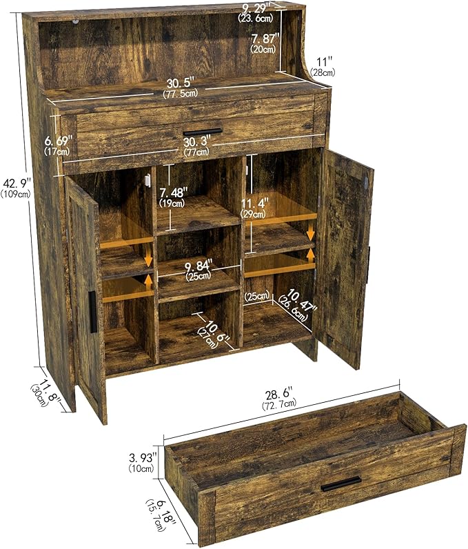 Storage Cabinet with Doors and Drawers, Kitchen Storage Cabinet with 1 Large Drawer,2 Doors,and 2 Adjustable Shelves,for Bathroom/Kitchen/Living Room/Entrance Hall (Retro Color)