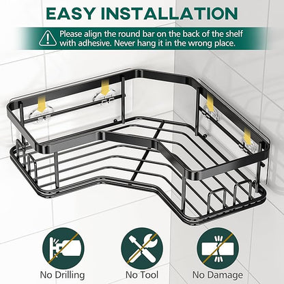 MAXIFFE 5 Pack X-Large Corner Shower Caddy, with Soap Holder and Toothbrush Holder, Large Capacity No Drilling Stainless Steel Hold 40 LB Shower Organizer Shelf Rack for Family Renter Bathroom, Black